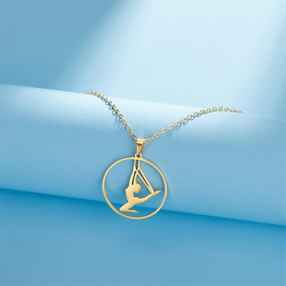 EUEAVAN Dancer Rhythmic Gymnastics Round Pendant Necklaces for Women Girls Stainless Steel Gymnast Yoga Necklace Sport Jewelry