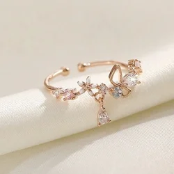 Sweet CZ Crystal Zircon Flowers BowKnot Ring for Women Korean Style Creative Design Open Rings Princess Jewelry Gift