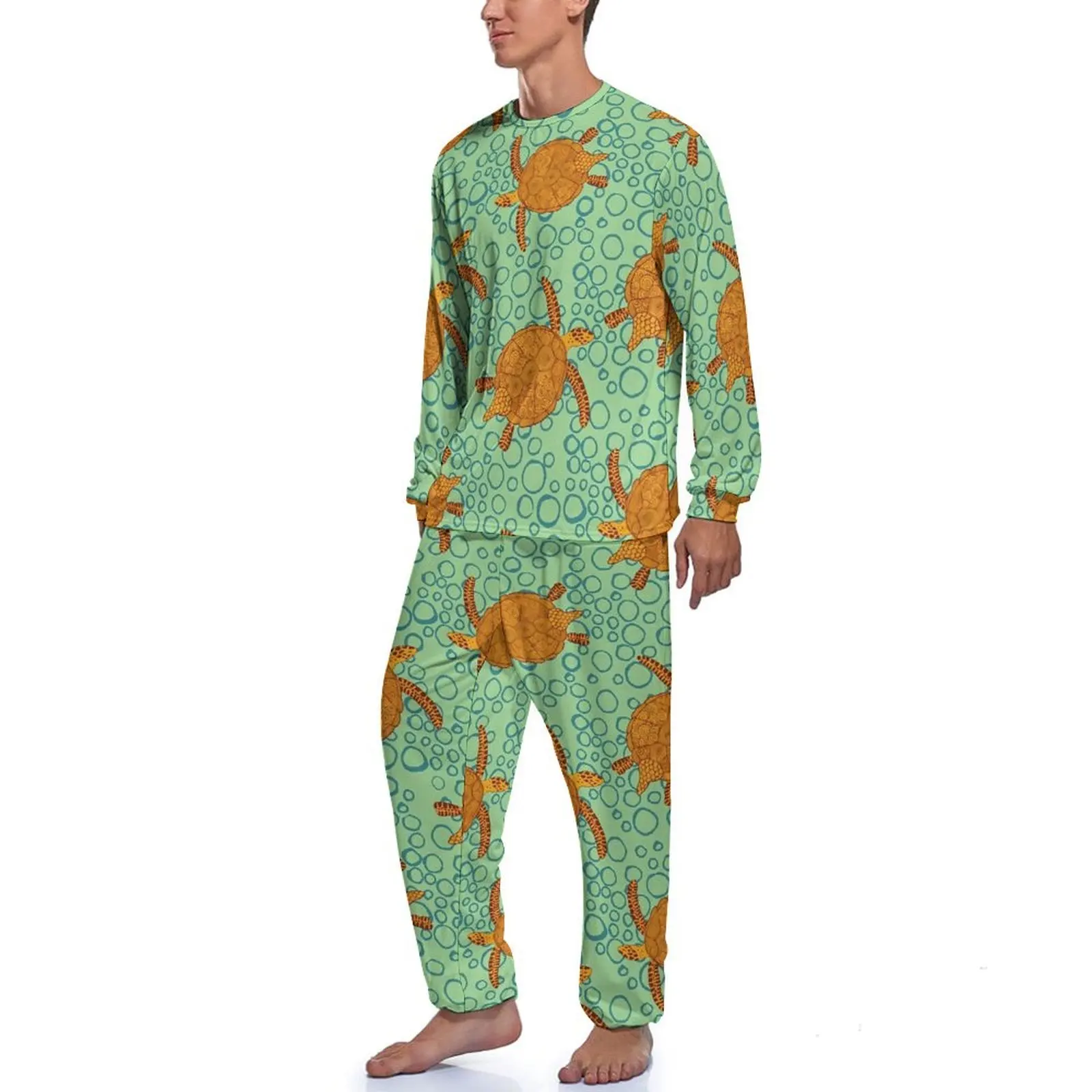 Sea Turtle Print Pajamas Men Vintage Style Warm Sleepwear Autumn Long Sleeves 2 Pieces Room Graphic Pajama Sets