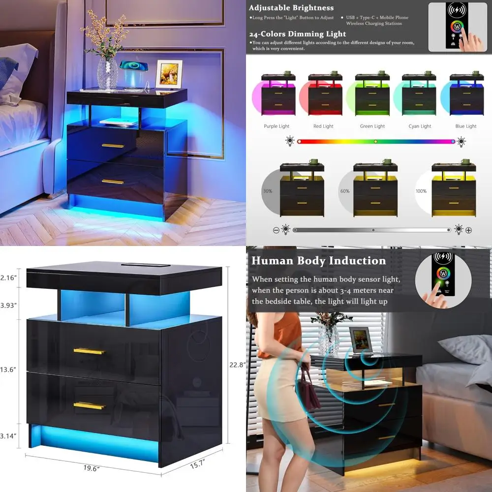 منضدة LED تلقائية مع شحن لاسلكي ومنافذ USB، وطاولة بجانب السرير عالية اللمعان مع درجين، وتصميم عائم #1