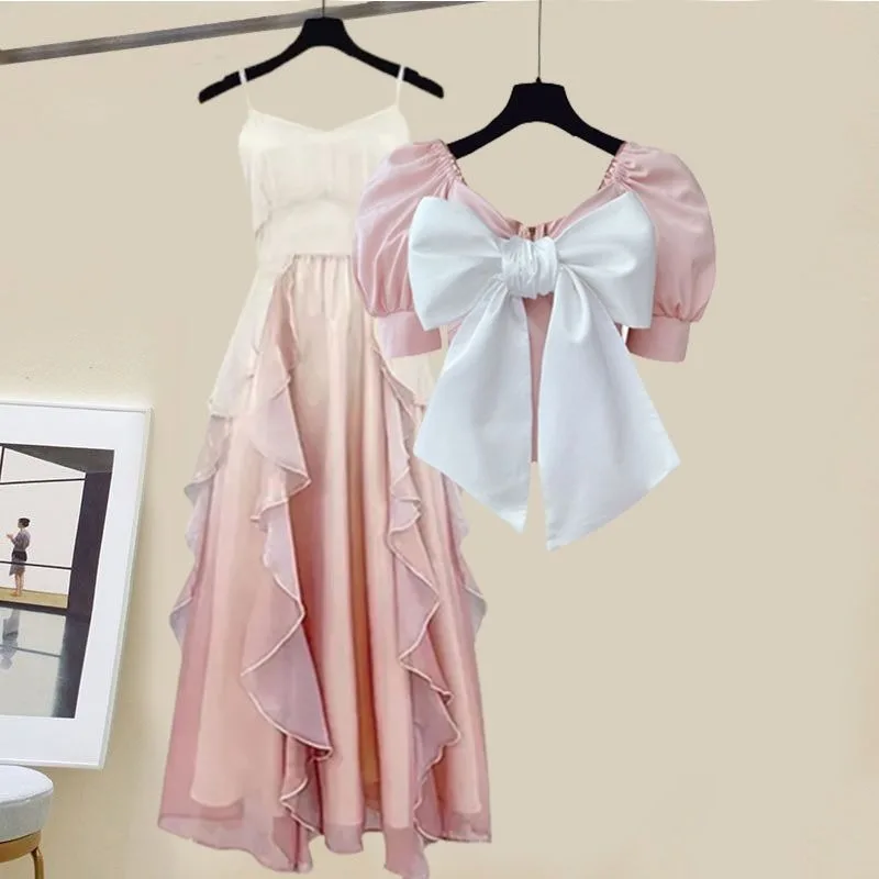 Летний нежный Sle Knot ort Sve Top And ter Dr Комплект из двух предметов Розовый моющийся женский ансамбль