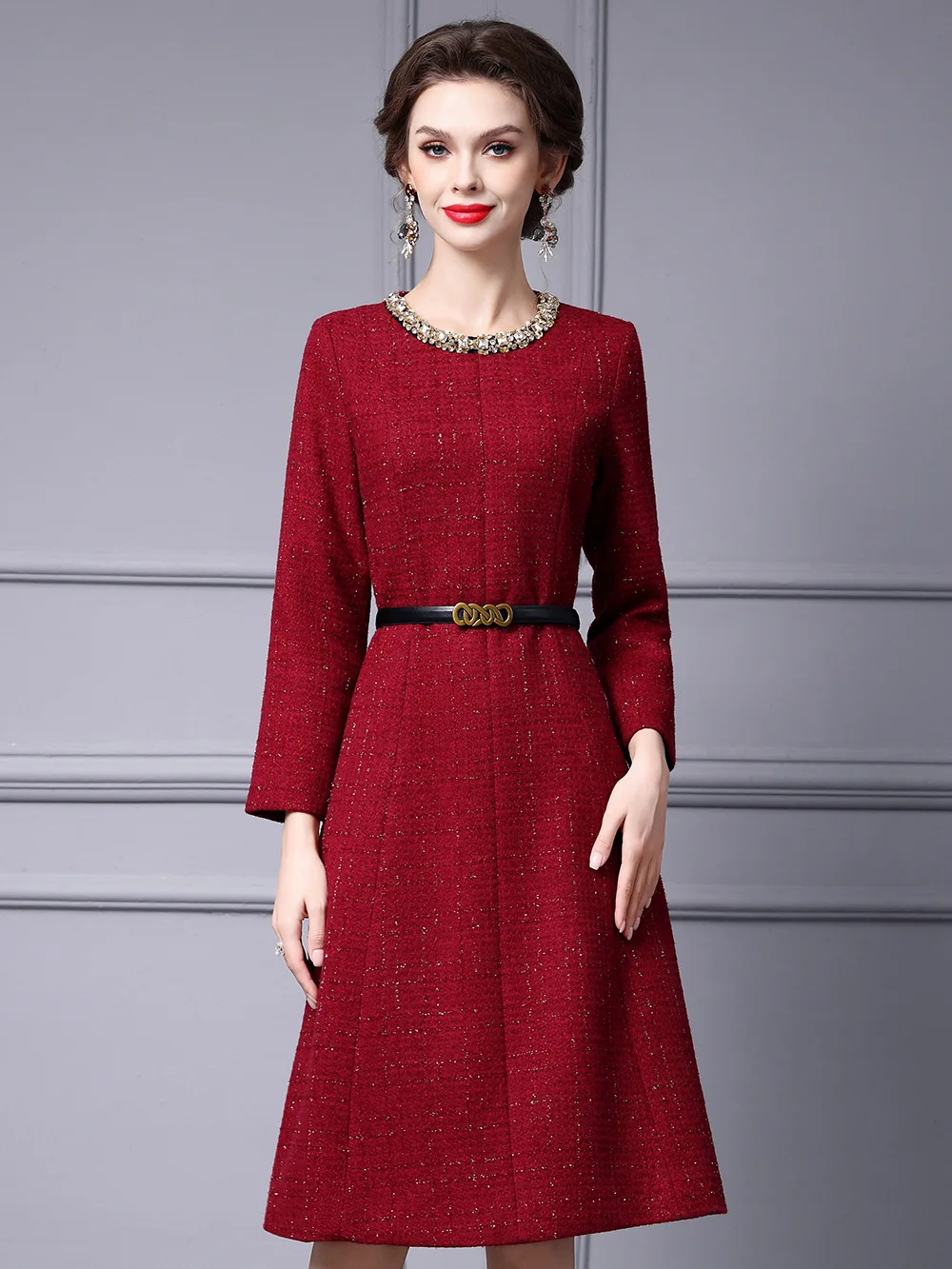 ZJYT Autumn Winter Diamonds Tweed Woolen Dresses for Women Elegant Long Sleeve Vintage Aline Party Casual Dress Black Robe