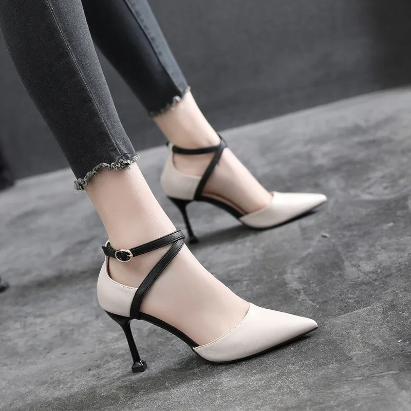 New Pointy Stiletto Heels Strap Small Size Plus Size Word Button Match Color Fairy Wind Match Female Sandals Women Pumps Shoes