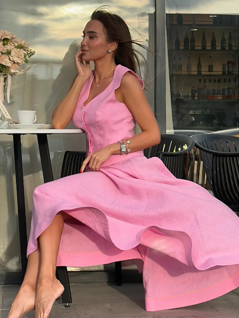 

Women Vest Skirt Suit Solid V-neck Single Breasted Sleeveless Short Top Wide Leg Skirts Female Elegant Summer Lady Beach PU7A