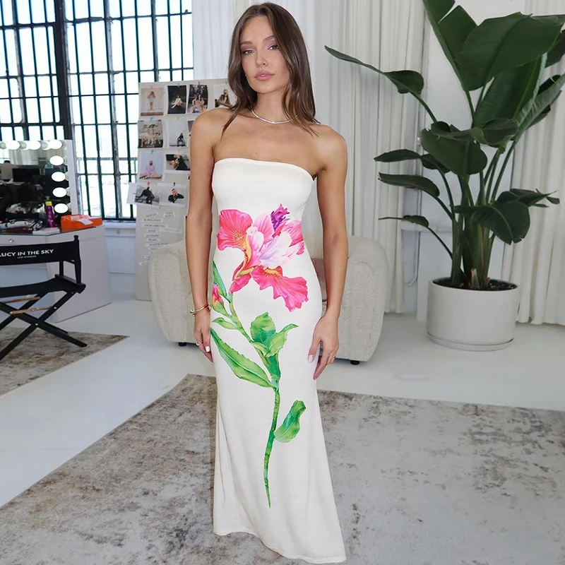 CUTENOVA Strapless Floral Printed Strapless Hip Long Dresses Women'S Summer New Vacation Party Casual Fashion Elegant Dresses