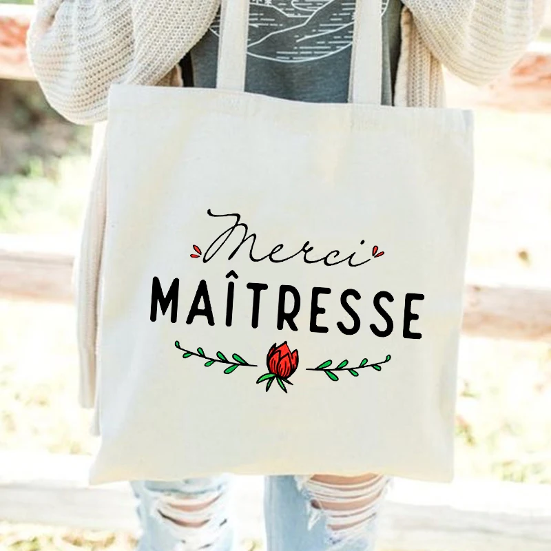 Best Teacher French Print Fashion Women Canvas Shopping Bag Eco Harajuku Aesthetic Personalized Super Mistress School Bags Gift