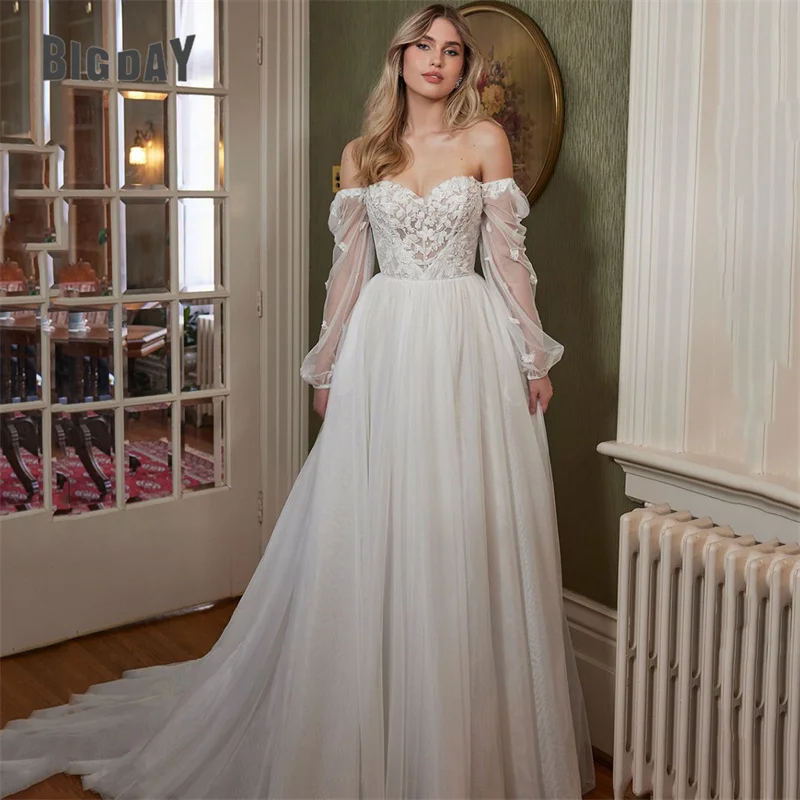 Robes de mariée A-Line élégantes pour femmes, dentelle, manches longues, dos ouvert, chérie, robe de patients en tulle, train de balayage, robe éducative, 2024