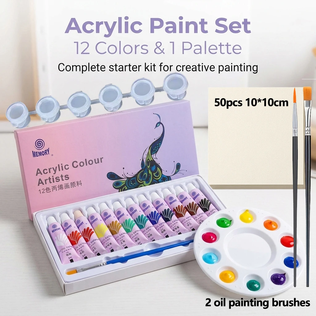 12/24 color 5ml acrylic painting paints + palette + paint box + 10 sheets of 10*10cm watercolor paper + 2 black oil brushes