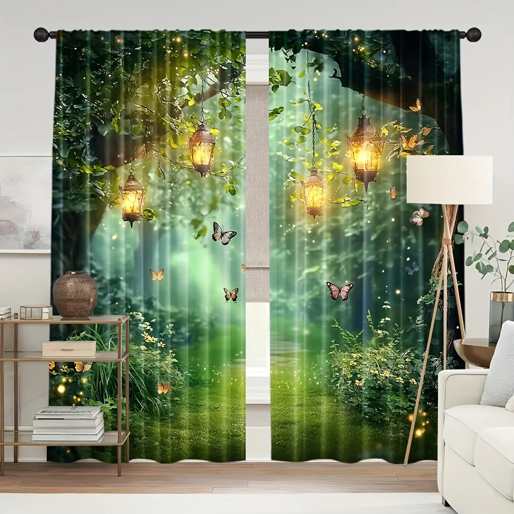 2 Panels Fantasy Forest Printed Curtains Lantern Butterfly Window Drapes Polyester Living Room Bedroom Home Decor