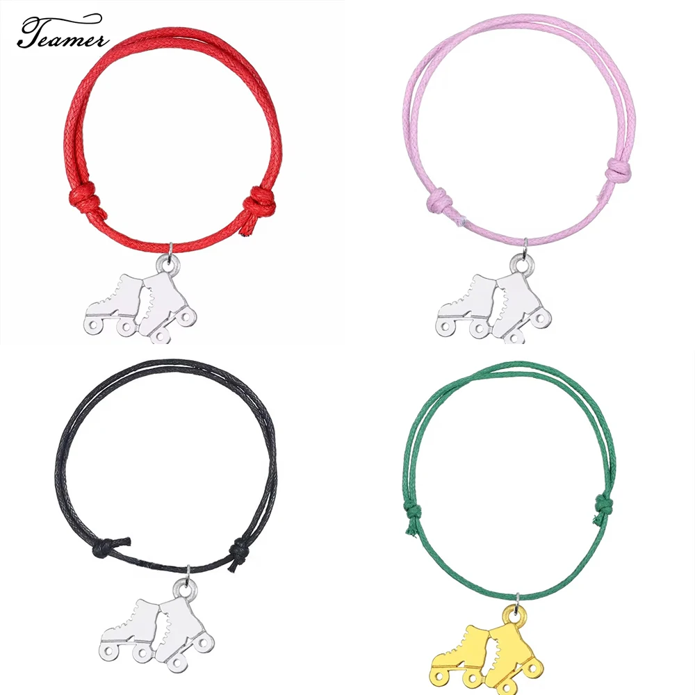 Teamer 8 Colors Adjustable Waxed Cord Bracelets for Women Roller Skates Pendants Wrist Wrap Gifts for Friends 5pcs/lot wholesale