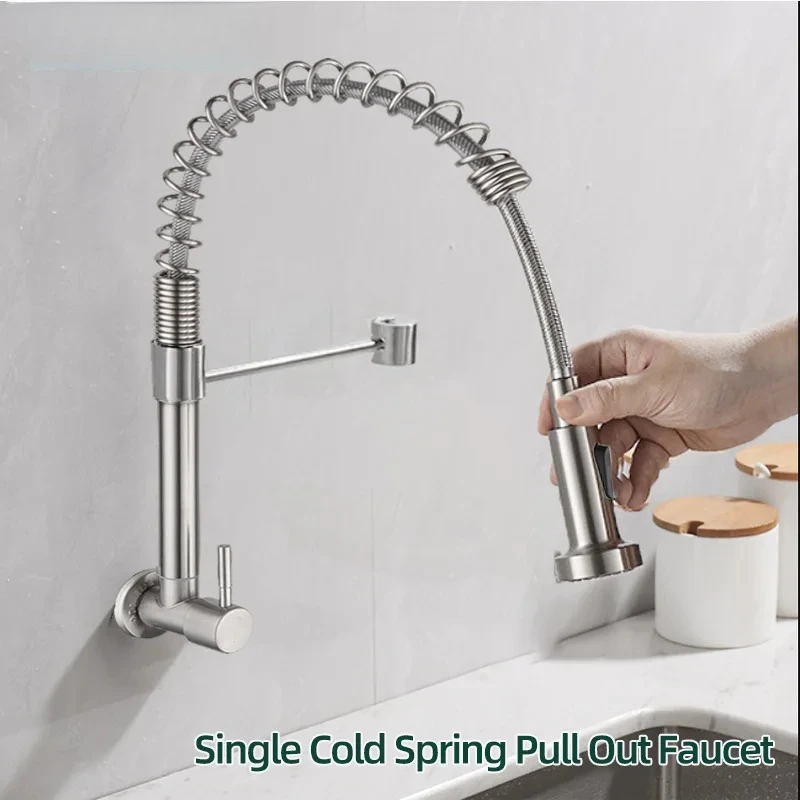 

Stainless Steel Wall-mounted Kitchen Faucet Spring Pulls Out Single Cooling Rotating Vegetable Basin Sink Balcony Outdoor Faucet