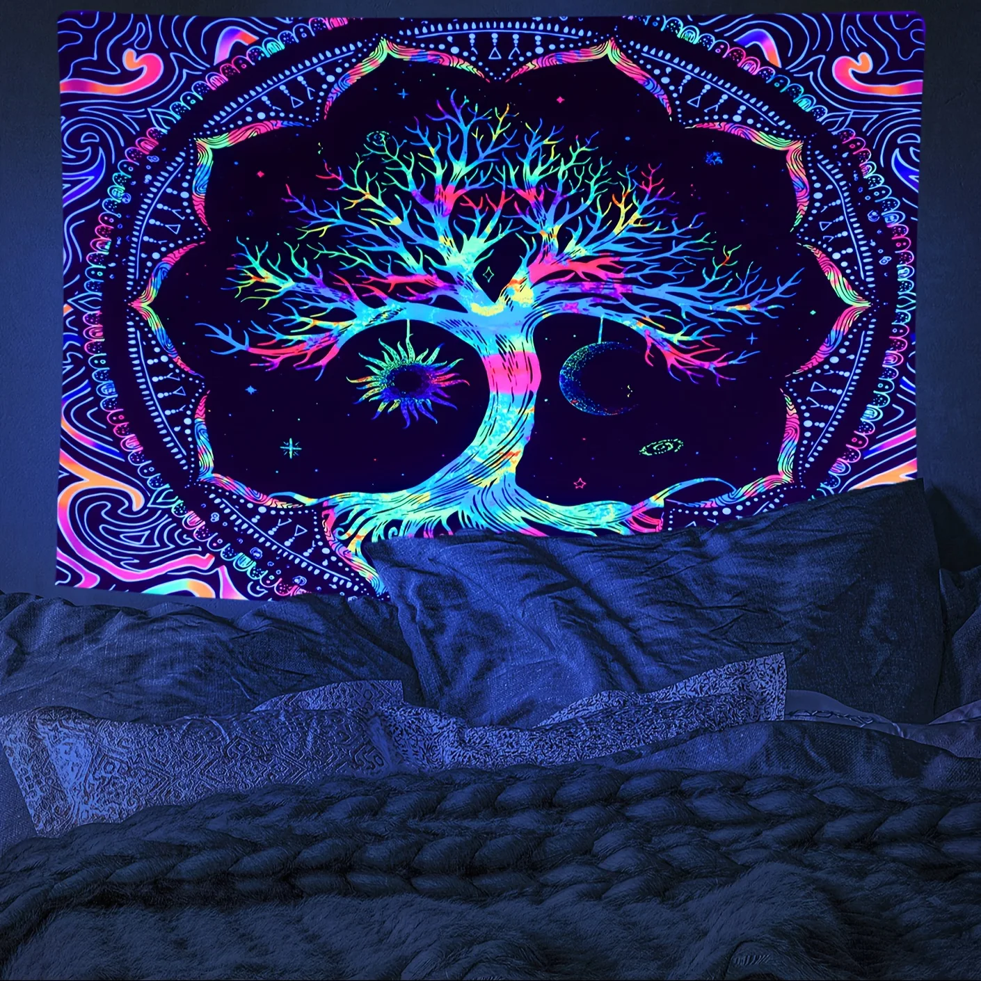 1Pcs 75x58cm Tree of Life Tapestry BlackLight Sun Moon Stars Galaxy Colorful Hippie Psychedelic Bedroom Dorm Decor Aesthetic