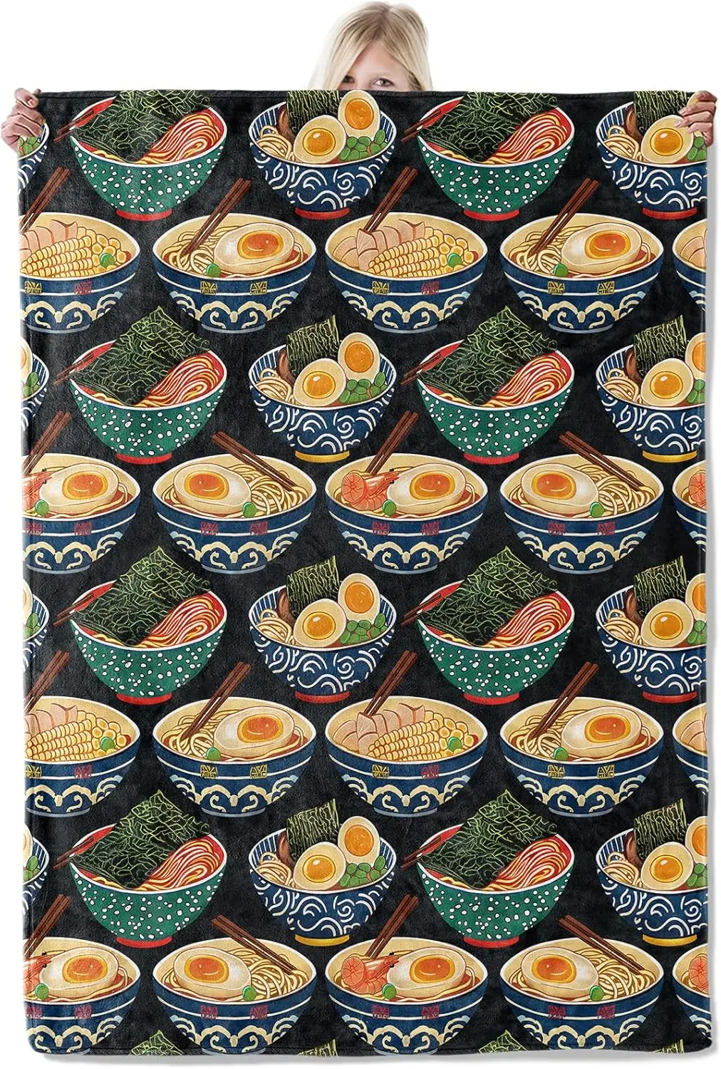 

Ramen Noodle Blanket ,Asian Food Lightweight Flannel Throw with Noodles Bowl Chopstick and Egg,Playful Home Living Room Decor,
