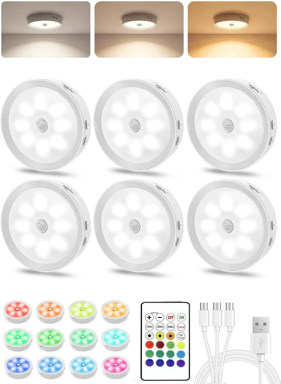 

Rechargeable Motion Sensor LED Puck Lights 3 Color Temps 12 RGB Dimmable Stick On Under Cabinet Lights for Kitchen Closet 6 Pack
