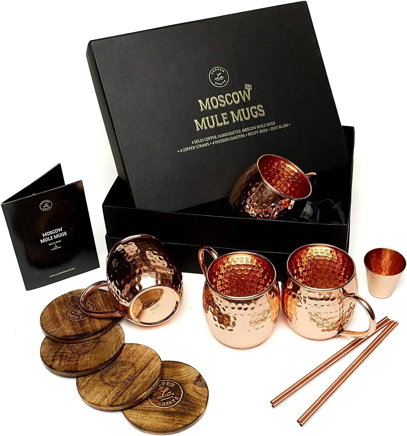 

Handcrafted Copper Mugs Set - 4 Mugs, Shot Glass, Straws, Coasters & Recipe Book in Gift Box