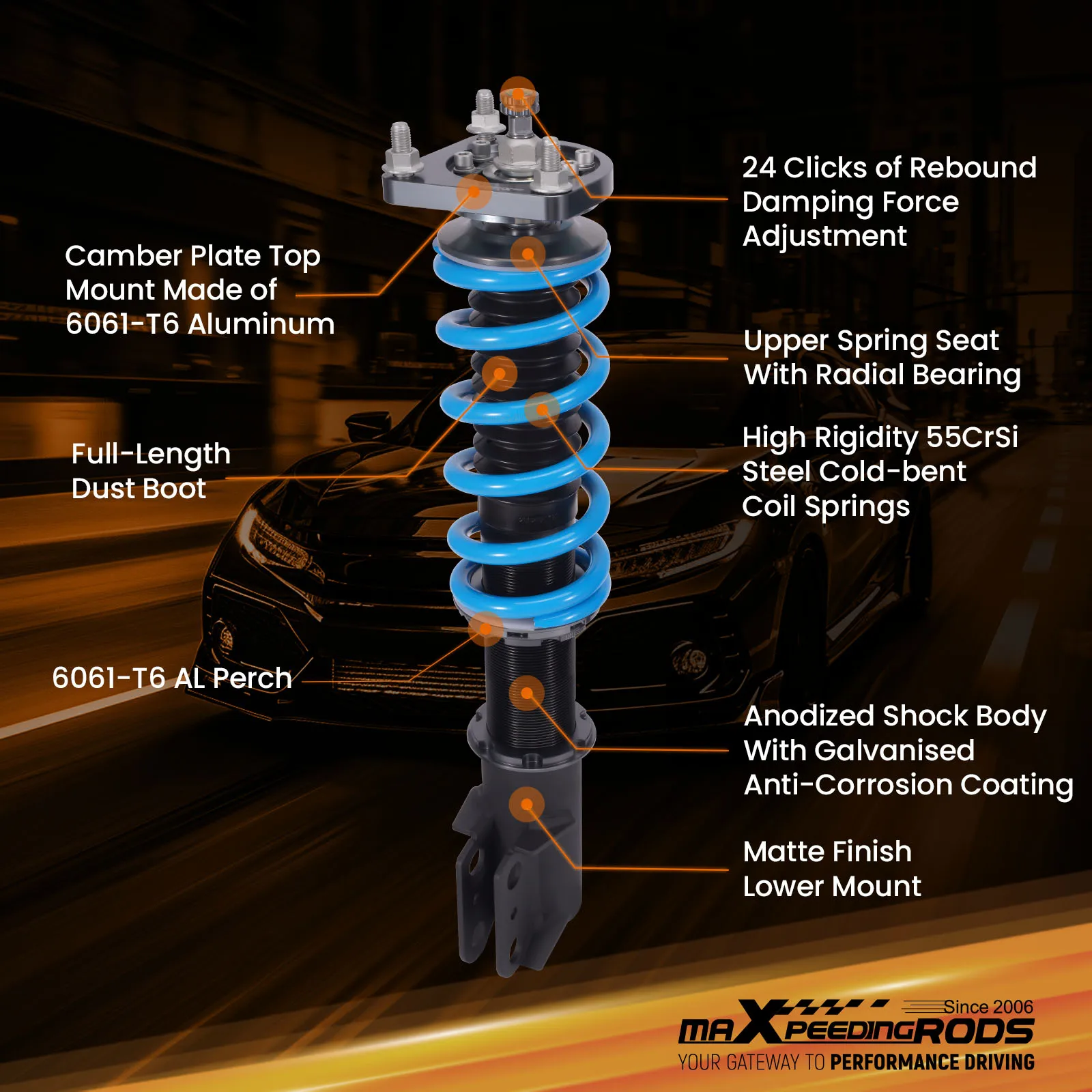

Комплект регулируемых по высоте амортизаторов (койловеров) с 24-позиционной регулировкой для Ford Mustang Cobra 99-04