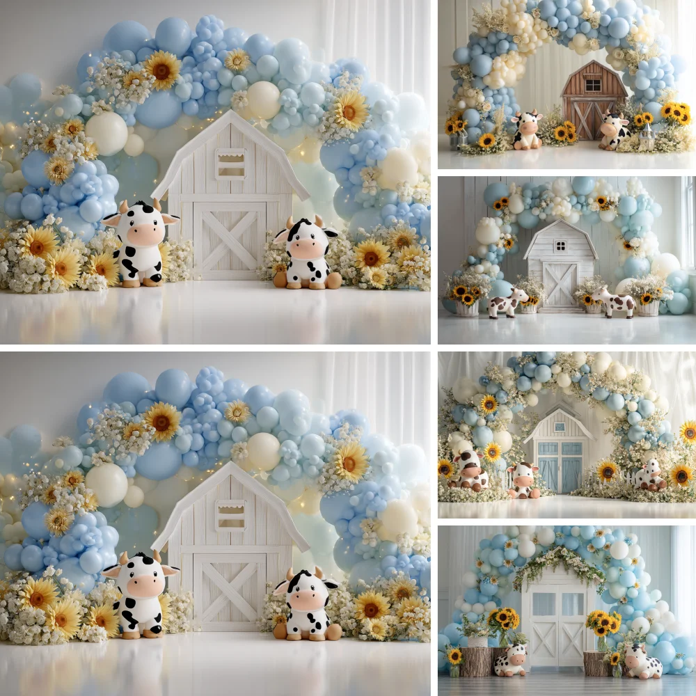 Farm Barn Cow Balloon Photography Background Kids Birthday Party Cake Smash Banner Decoration Photo Studio Backdrop Props