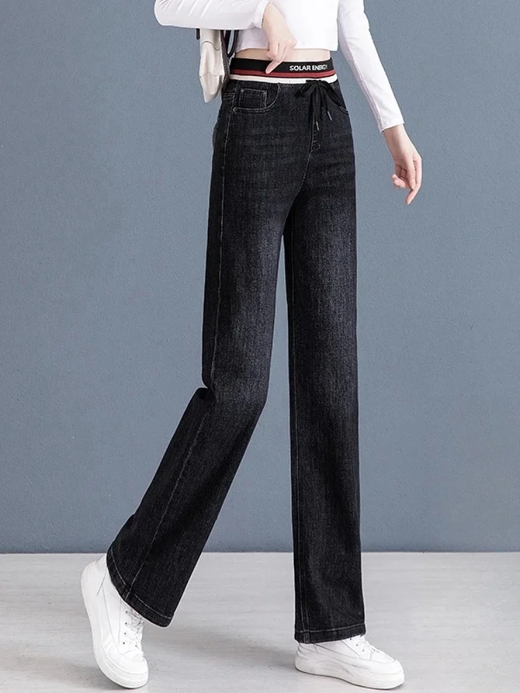 

Джинсы женские с высокой талией, широкими штанинами, облегающие, из эластичного денима, с узкой резинкой на талии, прямые, маленьких размеров, модные, осенняя новинка