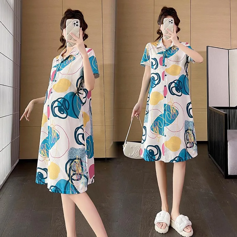 Maternity Summer Printing Pleated Lacing Midi Dress Round Neck Short Sleeve Loose Casual Dresses Fashion Simplicity Women Clothe