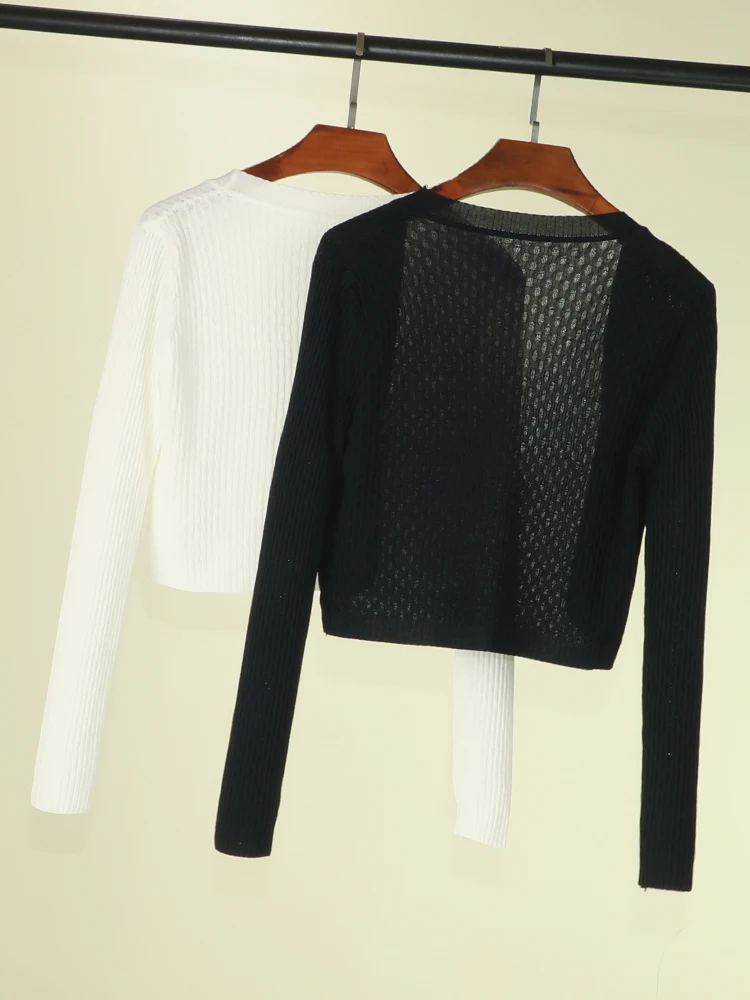 

Outerwear Summer Cardigan Women Short Length Korean Fashion Style Jerseys Knitted Ladies Sweaters Tricot V-neck Clothing Black