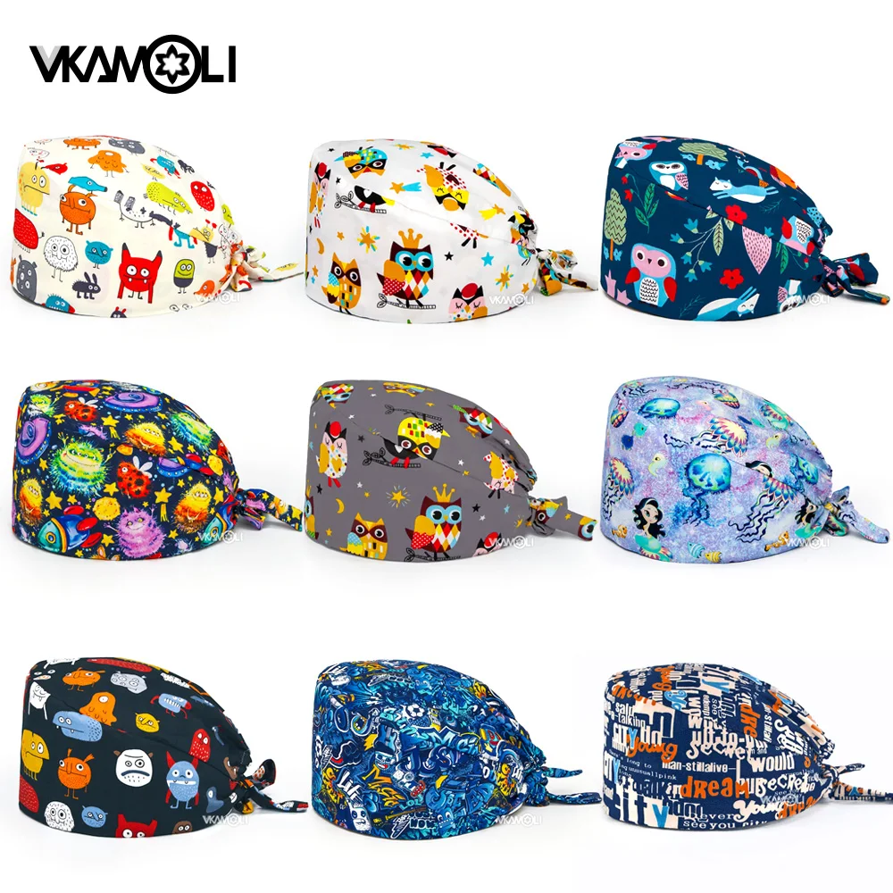 Gorros de aseo de mascotas con estampado de Anime para mujer, gorros a cuadros de dientes, gorros de trabajo de servicio de salud, gorros de operador, accesorios de enfermería