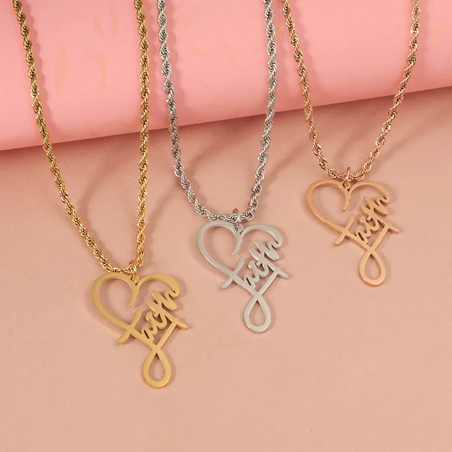 

10Pcs/Lot Stainless Steel Faith Twist necklace Love Heart English letter pendant Necklaces For Women's Men's Fashion Jewelry