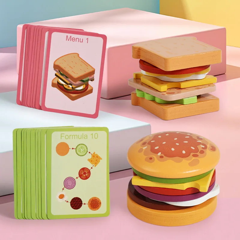 Juguetes de madera Montessori para apilar hamburguesas para niños pequeños, juguetes educativos preescolares, juguetes de comida para jugar, juguete de cumpleaños para niños