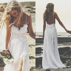 Boho Chiffon Vestidos de Noiva, Sexy Spaghetti, High Split, Backless, Lace, Bohemia Bridal Gowns, Praia, Verão