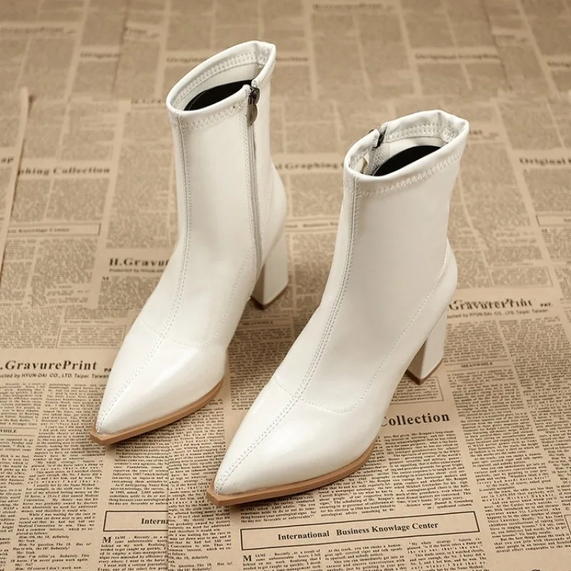 

Women's Pointed Thick Heel Short Boots Women's Autumn High Heels Ankle Boots Women's Fashion Retro Temperament Boots Botas Mujer