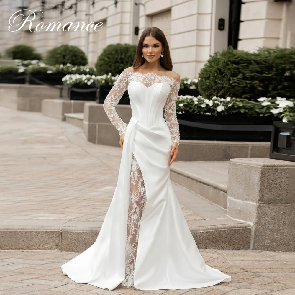 Customized Sexy Lace Satin Mermaid Wedding Dresses Long Sleeves Off The Shoulder High Slit Pleat Bridal Gown Vestidos De Novia