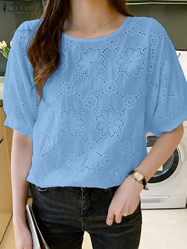 ZANZEA Hollow Out Lace O Neck Blosue Summer Casual Loose Elegant Solid Color Blusas Holiday Short Puff Sleeve Commute Women Tops