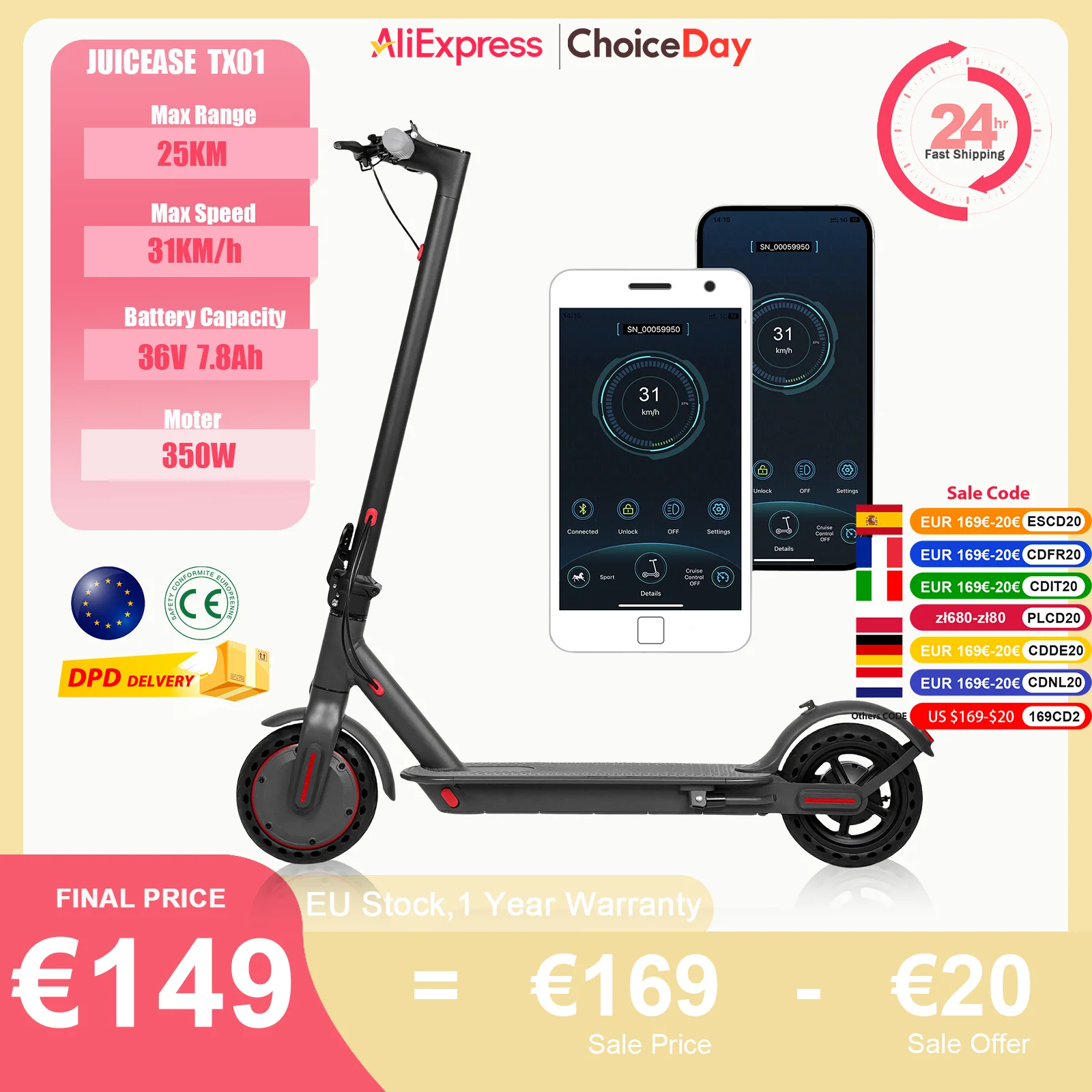 JUICEASE-patinete eléctrico TX01 para adultos, Scooter plegable con Motor de 2025 W, 36V, 7,8 Ah, 25 KM de alcance, neumáticos de 31KM/350 pulgadas con aplicación, 8,5