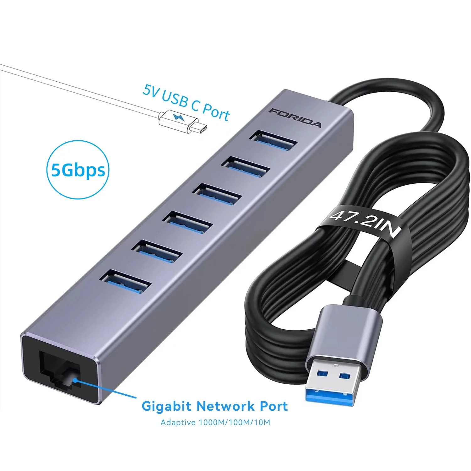 

FORIDA 8 in 1 Aluminum Docking Station USB C Hub USB A 3.0 1000Mbps Gigabit Ethernet 5V Port Adapter for Laptop Macbook Computer