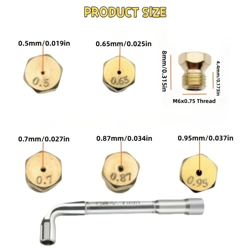 5 Piece Brass Gas Burner Nozzle Kit 0.5mm 0.65mm 0.7mm 0.87mm 0.95mm with Wrench for LPG Stove Maintenance Tools