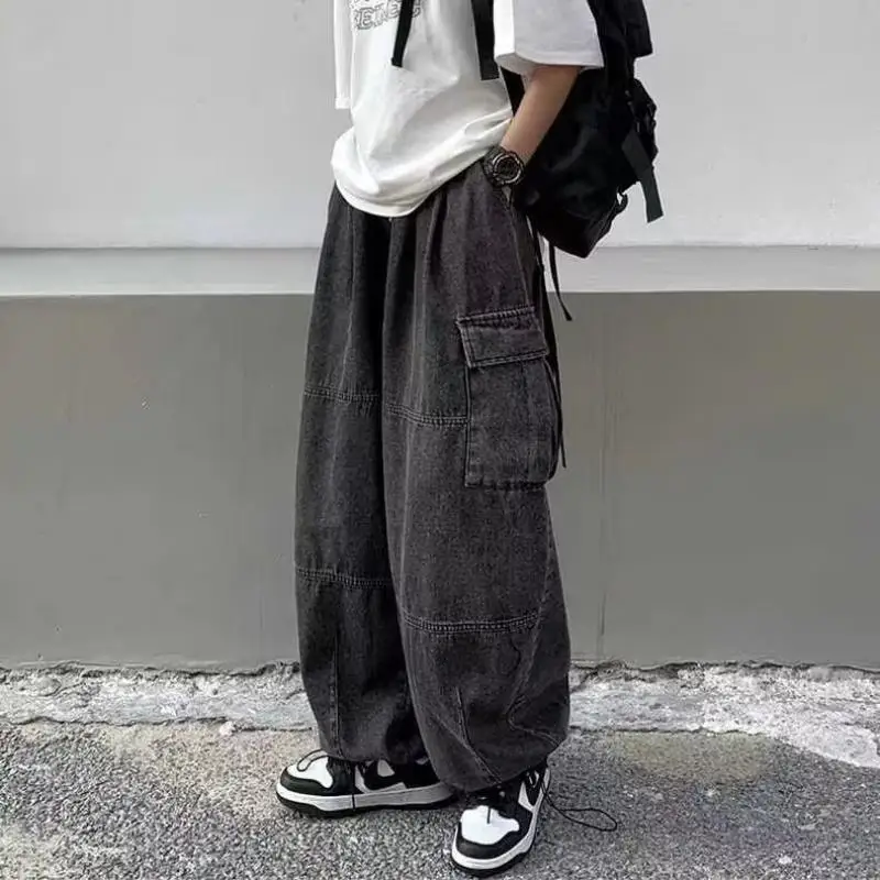 2024 Spring Autumn Men Baggy Jeans Men Wide Leg Pants Big Pockets Elastic Waist Streetwear Trousers Male Loose Denim Pants