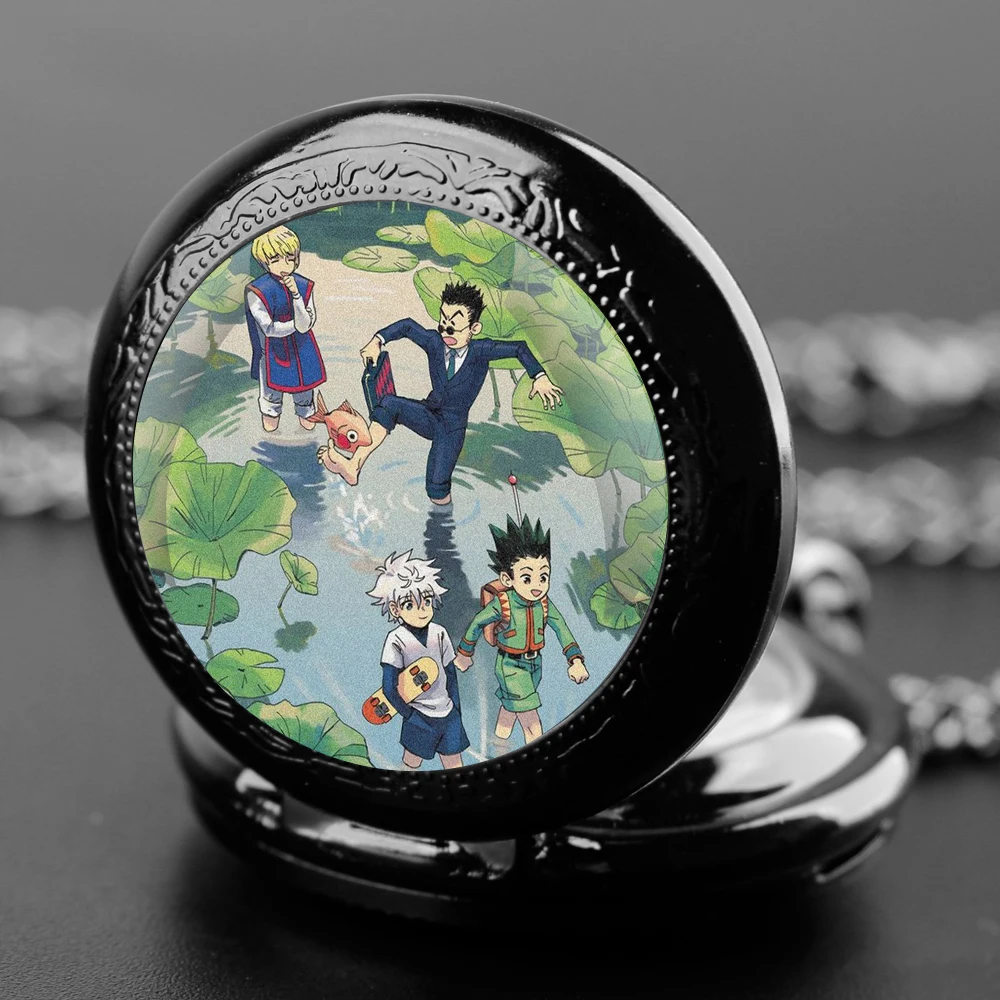 Hot Anime Hunter X Hunter Glass Dome Pocket Watch with Chain Necklace Vintage Quartz Pendant Watches Mens Women Gifts for Kids