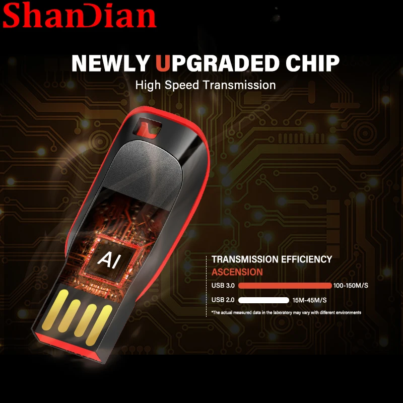 SHANDIAN High Speed Genuine USB Flash Drive 128GB Black Pen Drive with Bonus Keychain 64GB Memory Stick 32GB Business Gift 16GB