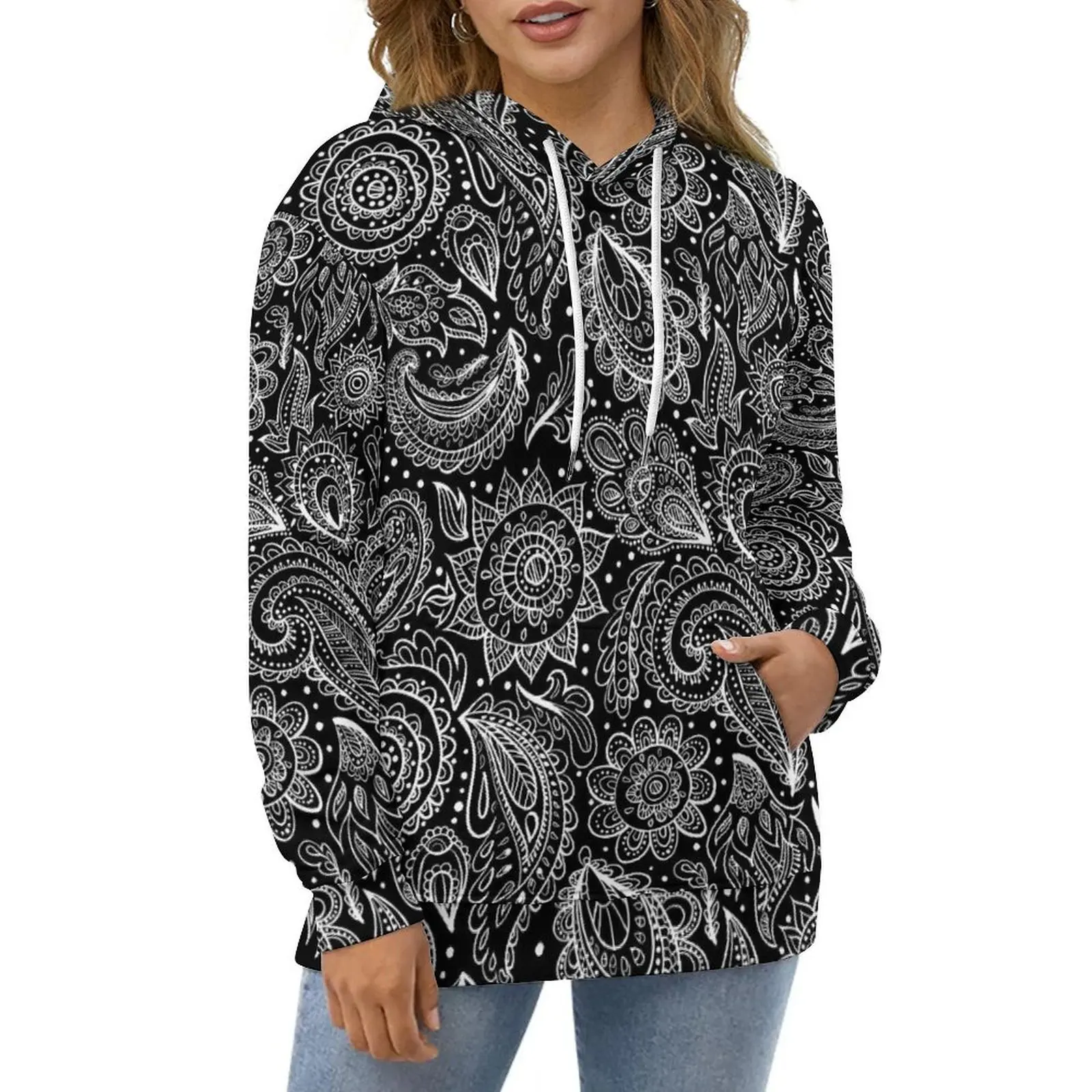 

Black White Paisley Hoodies Long Sleeve Vintage Floral Cute Casual Hoodie Autumn Streetwear Oversized Custom Loose Sweatshirts