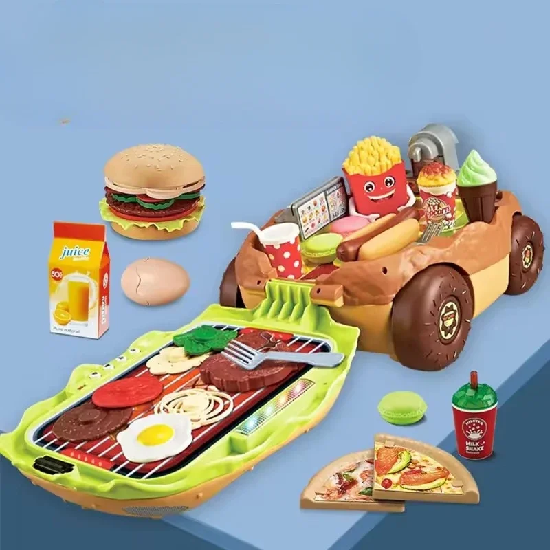 

Kids Pretend Play Set Portable Suitcase Box Fast Food Kitchen Set Easy Storage Cooking Toys with Light and Sound