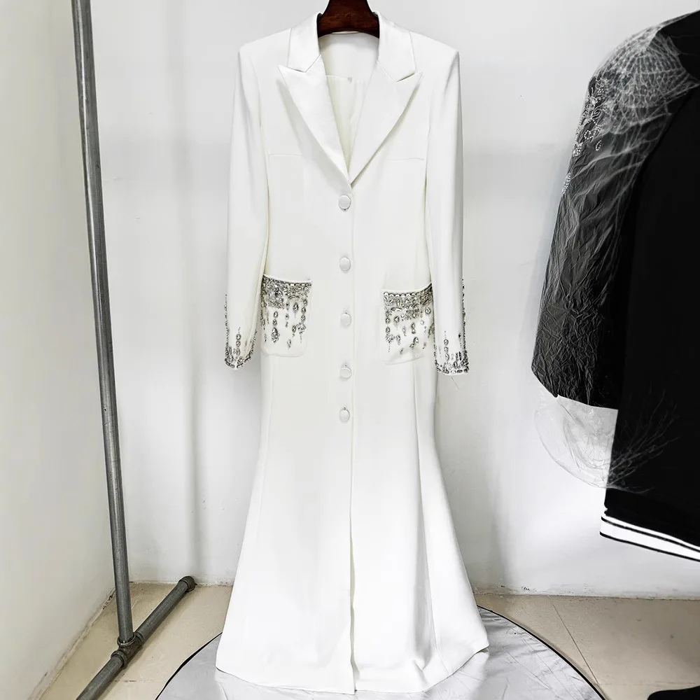 European and American Fashion Heavy Industry Beads Tailored Collar Dress Fishtail Dress White