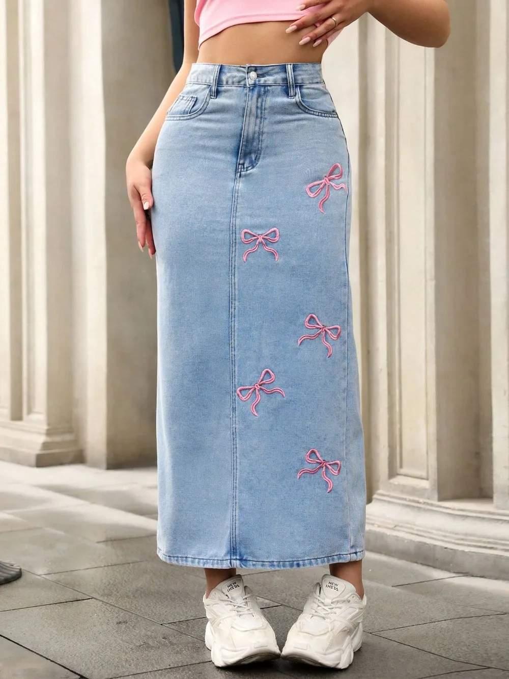 

Leopard Print Denim Skirt Women Vintage High Waist Washed Distressed Single Breasted A Line Pockets Long Skirts Streetwear