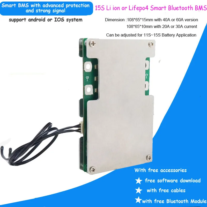 Bateria Lifepo4 15S inteligentny Bluetooth BMS dla akumulatora 48V lub 54V z prądem stałym 20A 30A 40A lub 60A z oprogramowaniem APP