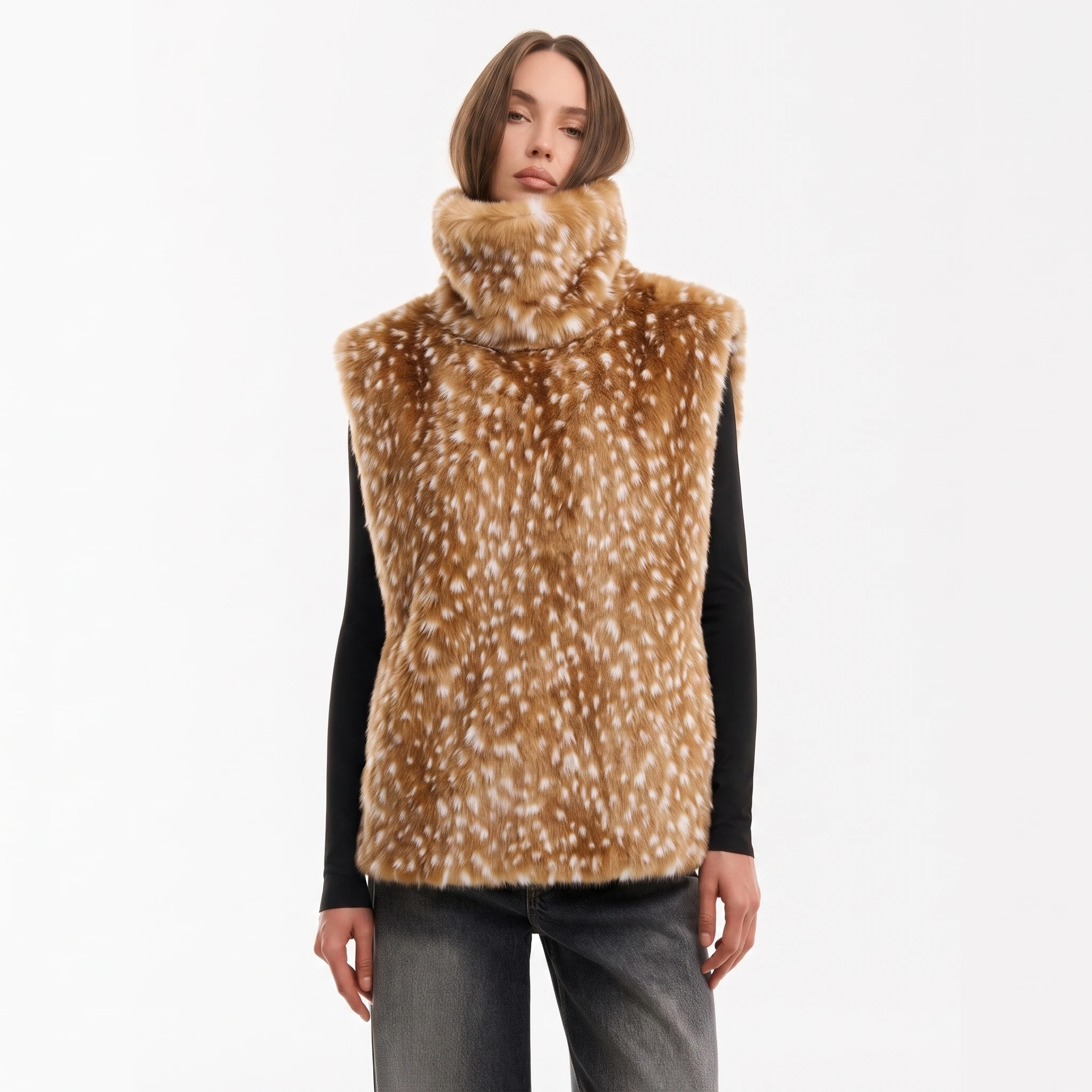 Women's Sleeveless Faux Fur Gilet with Turtleneck and Spotted Print