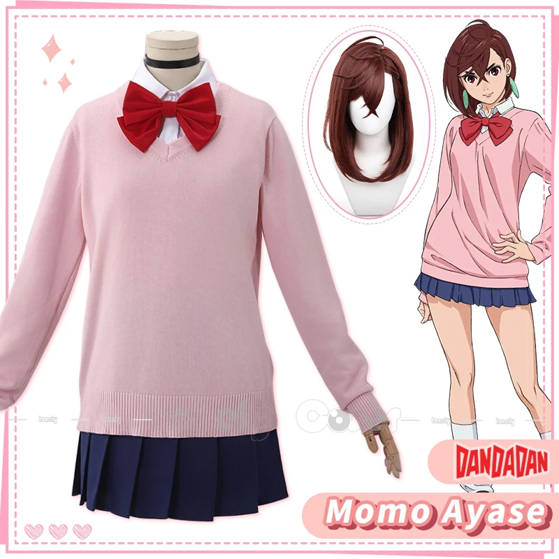 Anime Dandadan Momo Ayase Cosplay Costume Pink Long Sleeve Sweater Red Bow Navy Skirt White Shirt School Girl Uniform Outfit