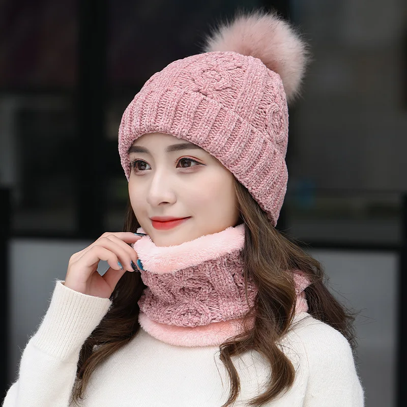 Fashion Hat Scarf Set Women's Knit Cap Bib Two-piece Autumn Winter Female Warm Solid Knitted Neck Scarf Suit Wholesale Dropship