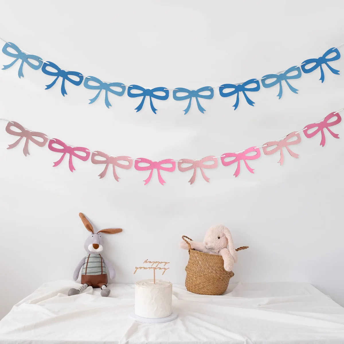 

Blue Pink Felt Bowknot Banner Photo Props Kids Happy Birthday Party Decor Bow Hanging Pendant Babyshower Background Wall Decor