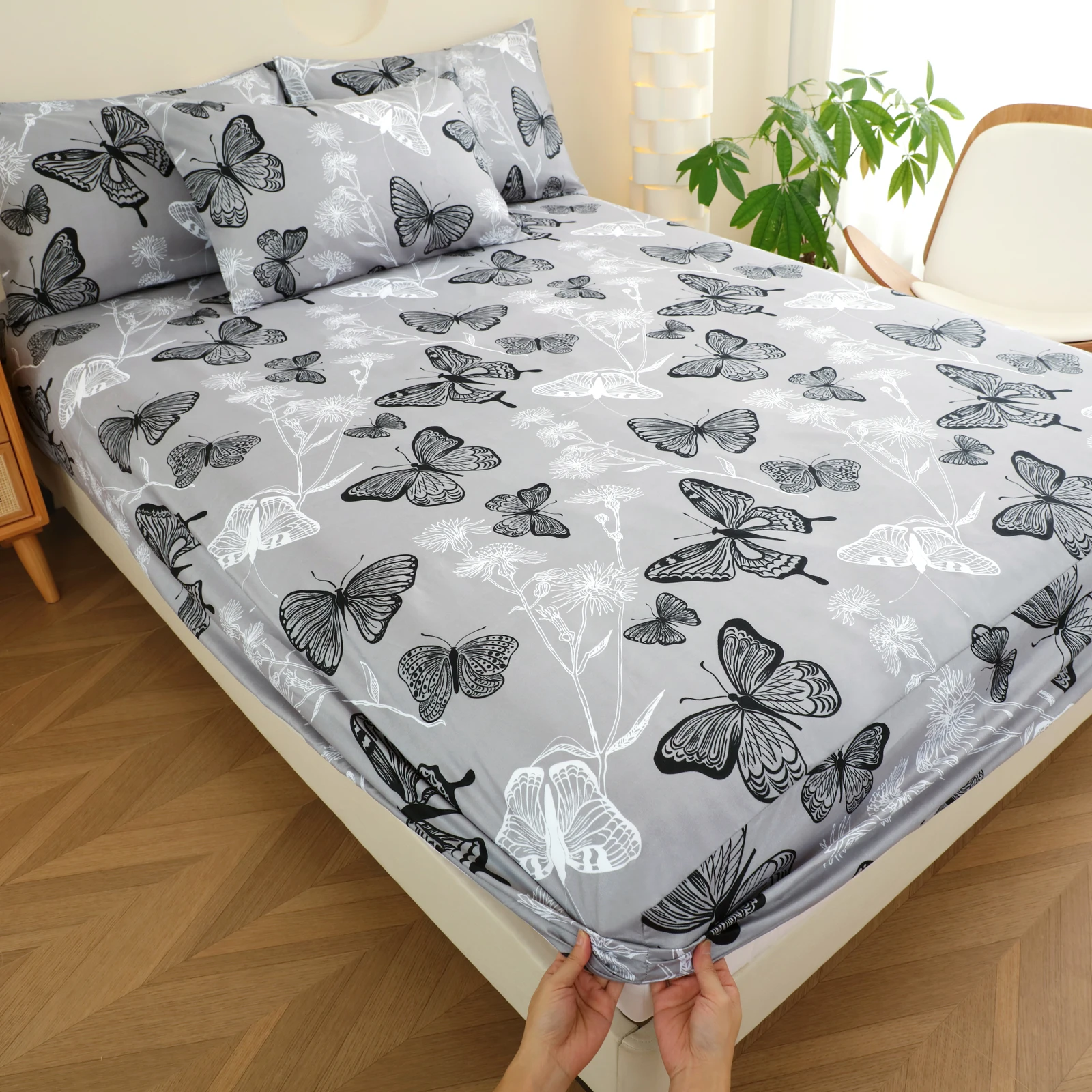 Butterfly Print Fitted Sheet 1-Piece Mattress Cover (Pillowcase Not Included) Multi-Color Polyester Fiber Rectangular Three-Dimensional Dirt-Proof Mattress Protector Polyester Five-Sided Wrap-Around Fitted Sheet Suitable for Bedroom, Dormitory, Guest Room, Homestay, All-Season Use, Machine Washable
