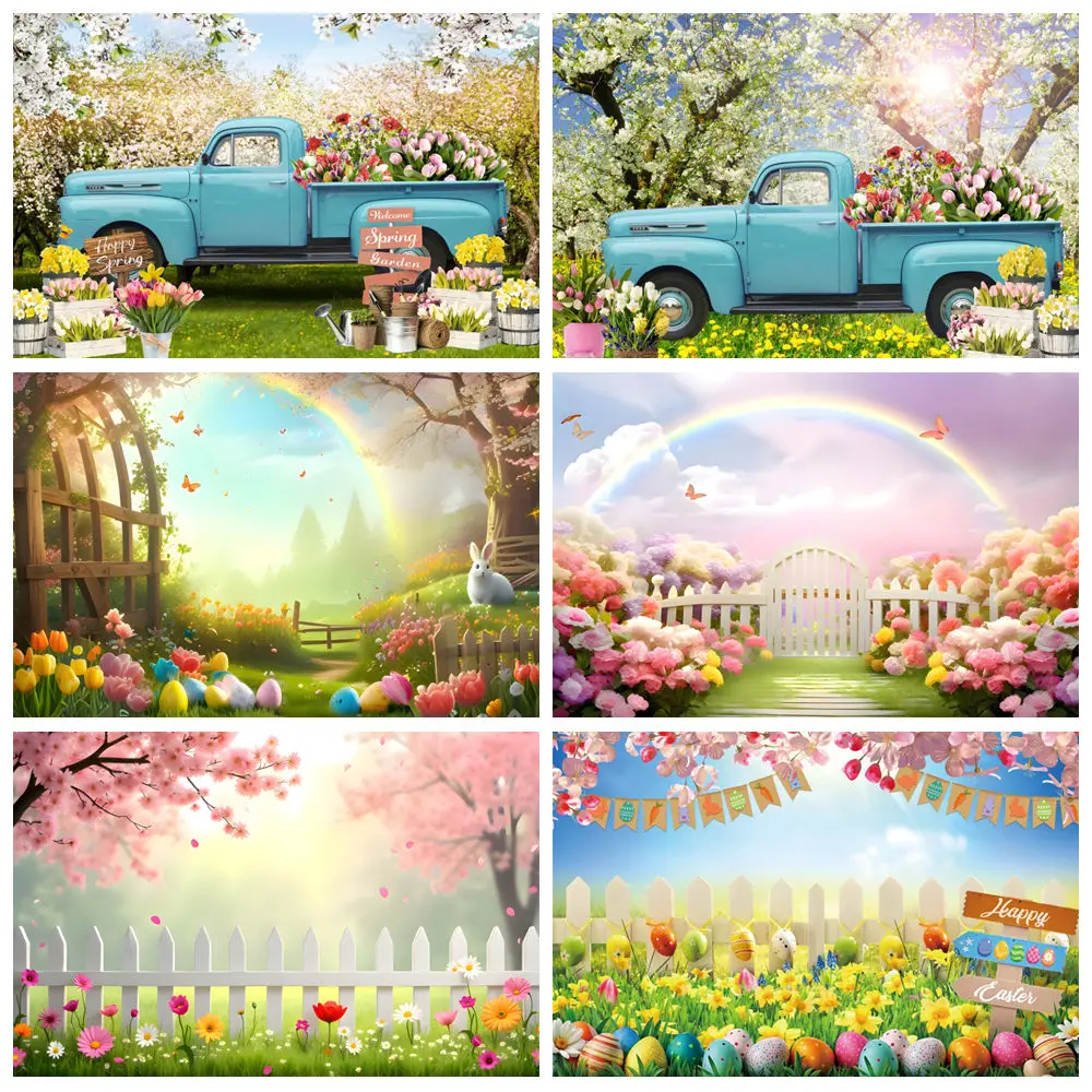 

Spring Easter Photography Backdrops Spring Garden Green Grass Flower Rabbit Colorful Eggs Baby Birthday Decor Photo Background