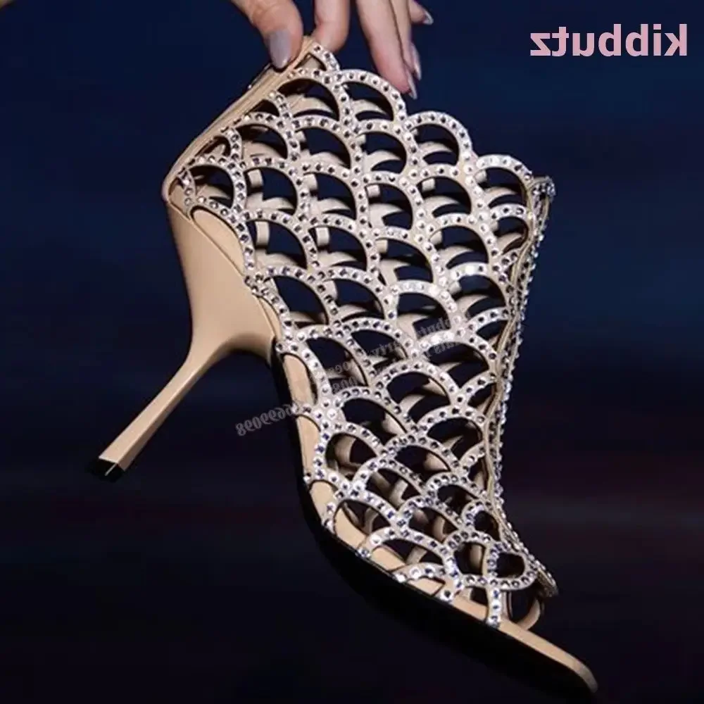 

Crystal-Embellished Sandals Glossy Genuine Leather Square Open Toe Thin Heels Fashion Elegant Sexy Hollow Party Luxury Women New