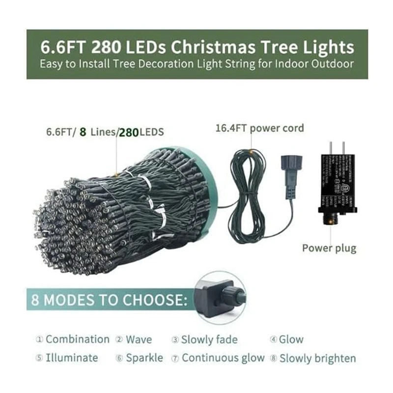 Christmas Tree Lights IP65 Water Proof 16 Lines 8 Modes Christmas Lights Indoor Outdoor Christmas Decorations EU Plug Color 280L